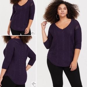 Torrid Wool‎ Blend Purple Lurex Pointelle Tunic Sweater 3/4th Sleeves 2X